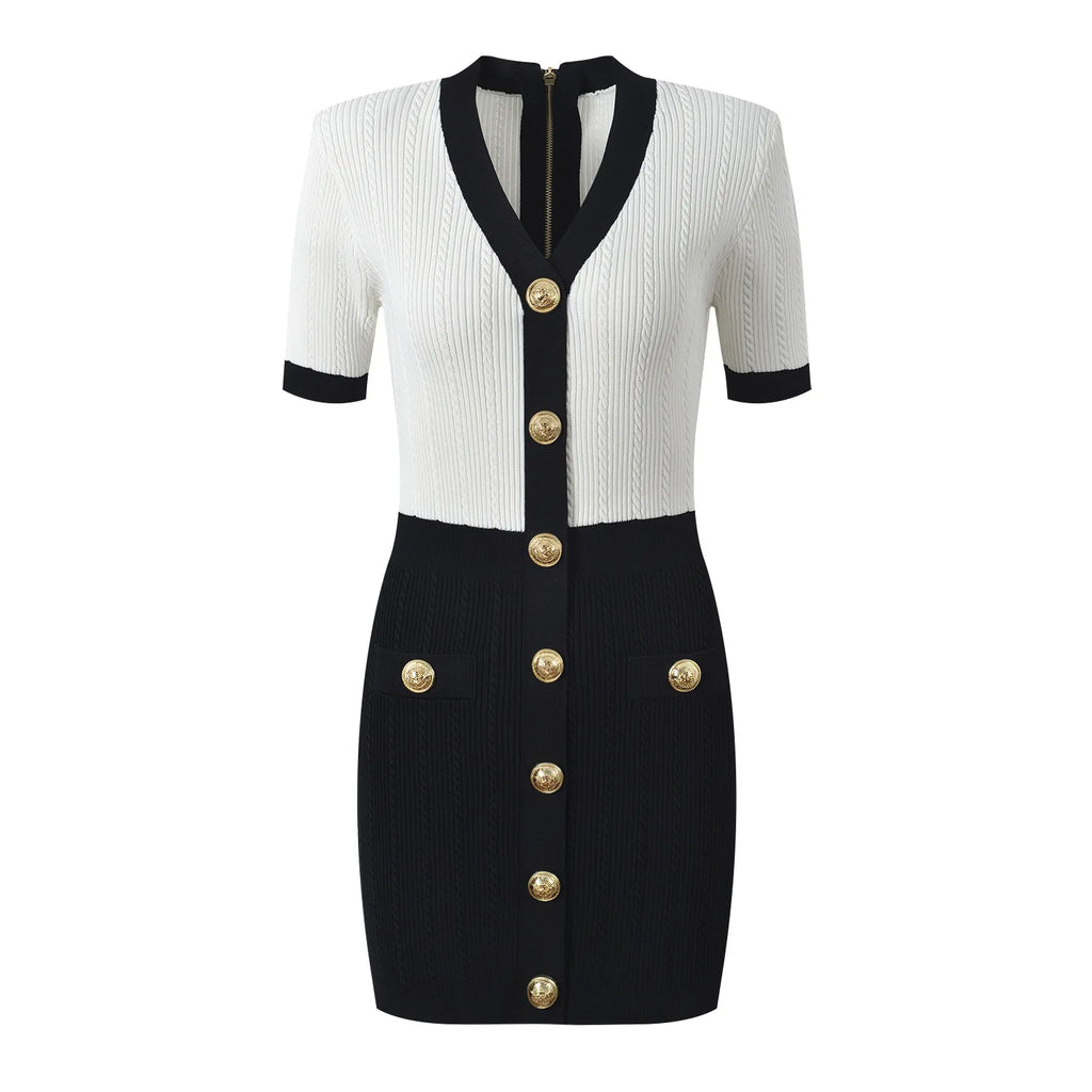 Contrast Panel Knit Mini Dress with Gold Button Detail