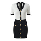 Contrast Panel Knit Mini Dress with Gold Button Detail