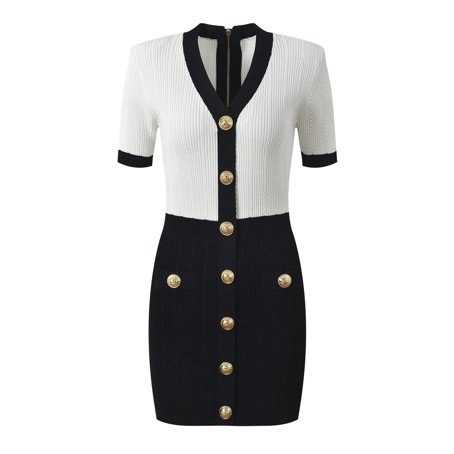 Contrast Panel Knit Mini Dress with Gold Button Detail