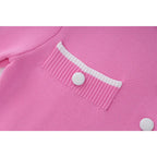 Button-Front Knit Midi Dress with Contrast Trim and Floral Accent