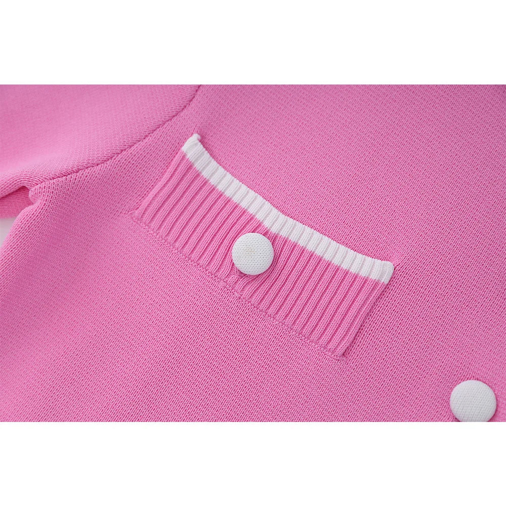 Button-Front Knit Midi Dress with Contrast Trim and Floral Accent