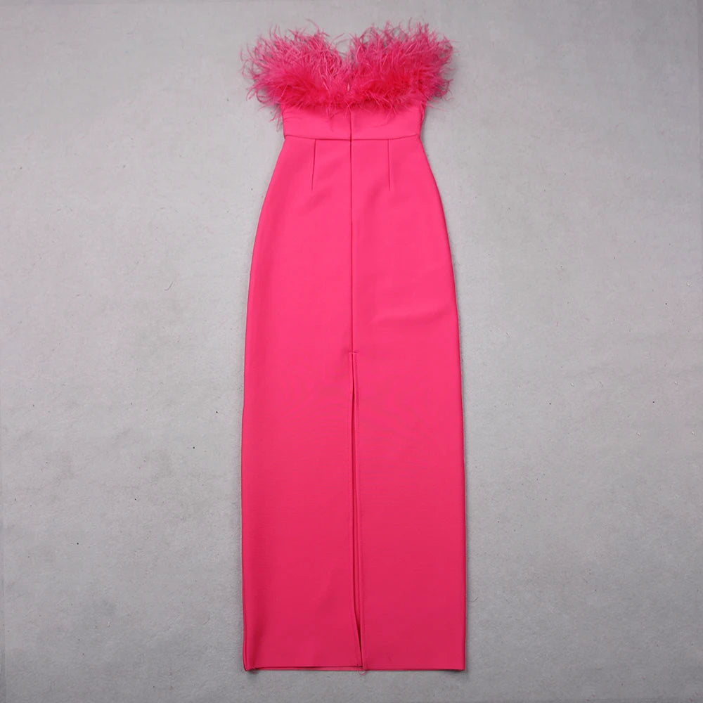 Feather Trim Strapless Column Gown