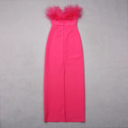 Feather Trim Strapless Column Gown