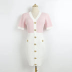 Contrast Panel Knit Mini Dress with Gold Button Detail