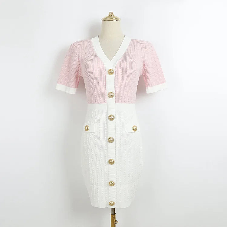 Contrast Panel Knit Mini Dress with Gold Button Detail