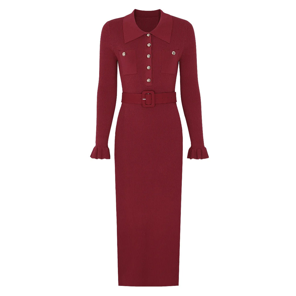 Belted Ribbed Knit Midi Dress with Button Detail