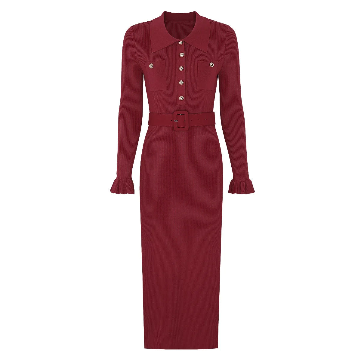 Belted Ribbed Knit Midi Dress with Button Detail
