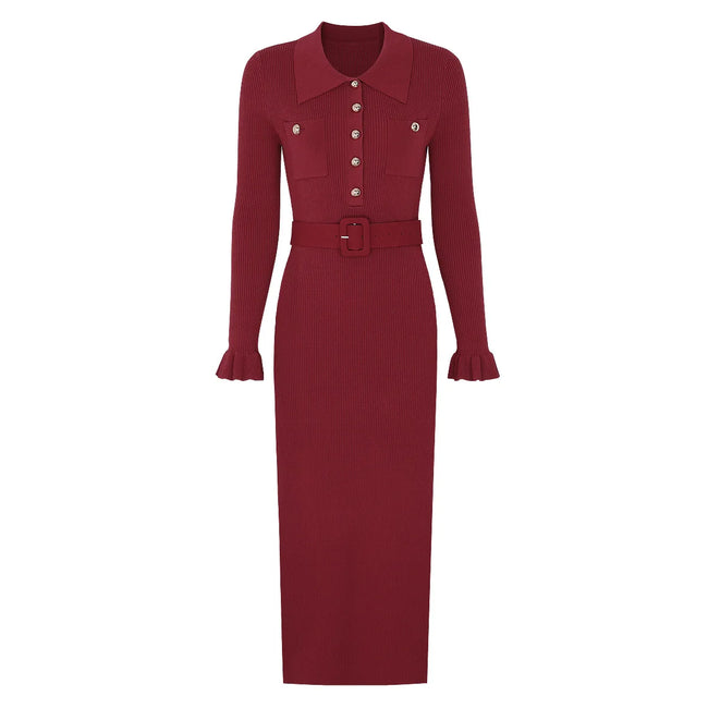Belted Ribbed Knit Midi Dress with Button Detail Main Image