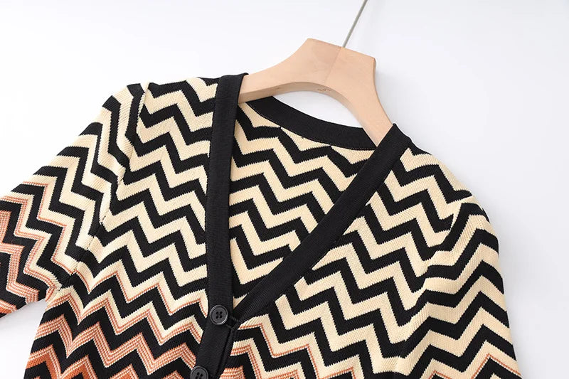 Chevron Pattern Button-Front Knit Maxi Dress